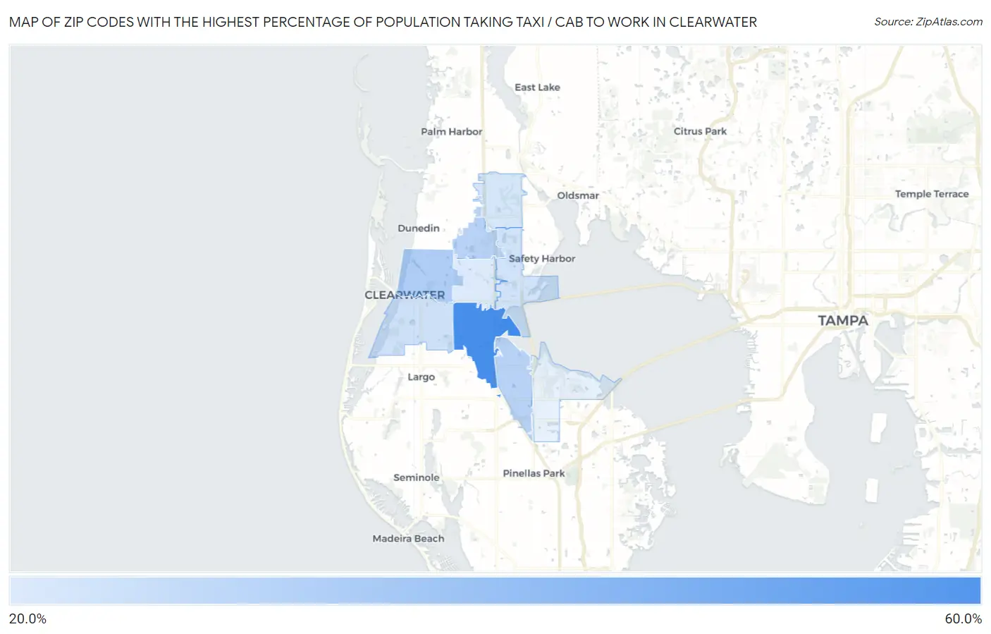 Zip Codes with the Highest Percentage of Population Taking Taxi / Cab to Work in Clearwater Map