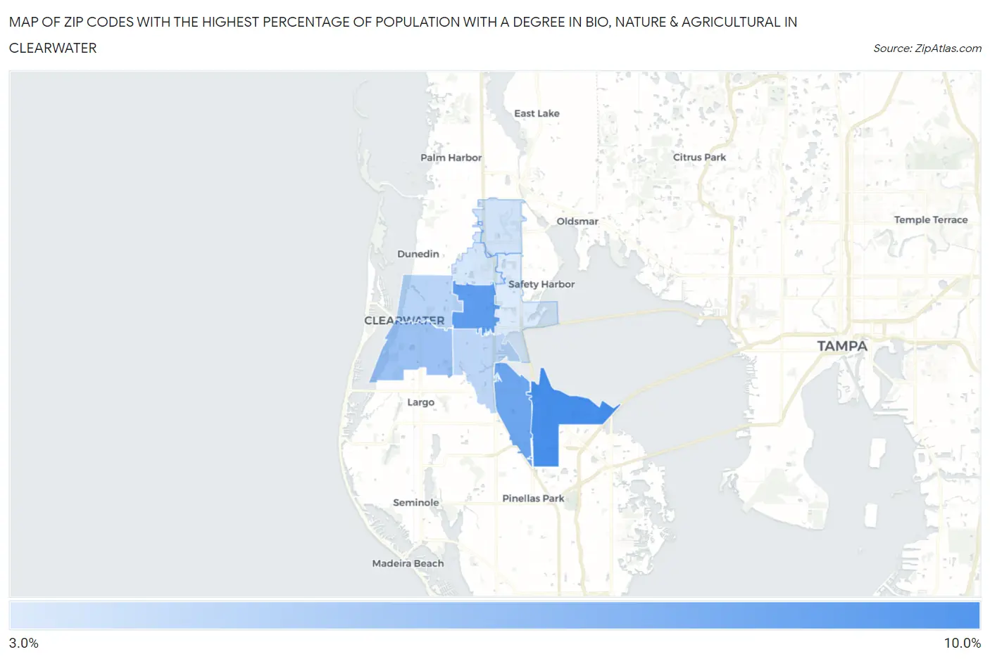 Zip Codes with the Highest Percentage of Population with a Degree in Bio, Nature & Agricultural in Clearwater Map