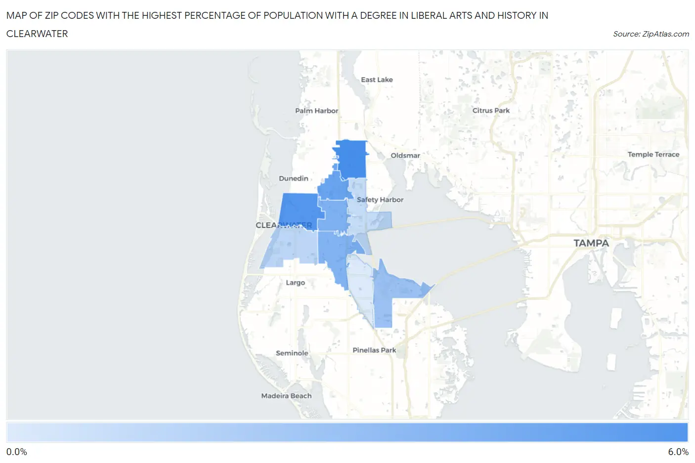 Zip Codes with the Highest Percentage of Population with a Degree in Liberal Arts and History in Clearwater Map