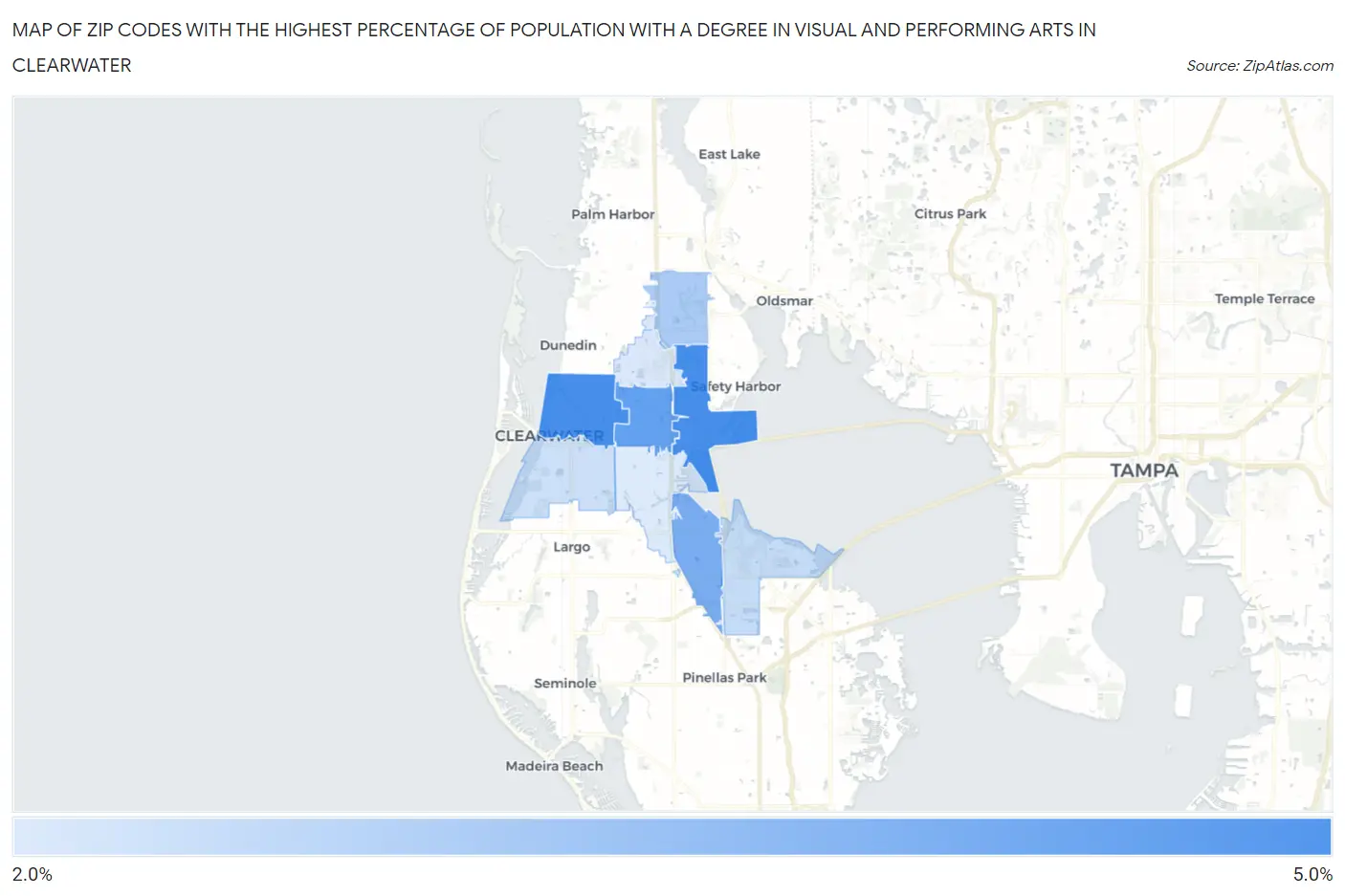 Zip Codes with the Highest Percentage of Population with a Degree in Visual and Performing Arts in Clearwater Map
