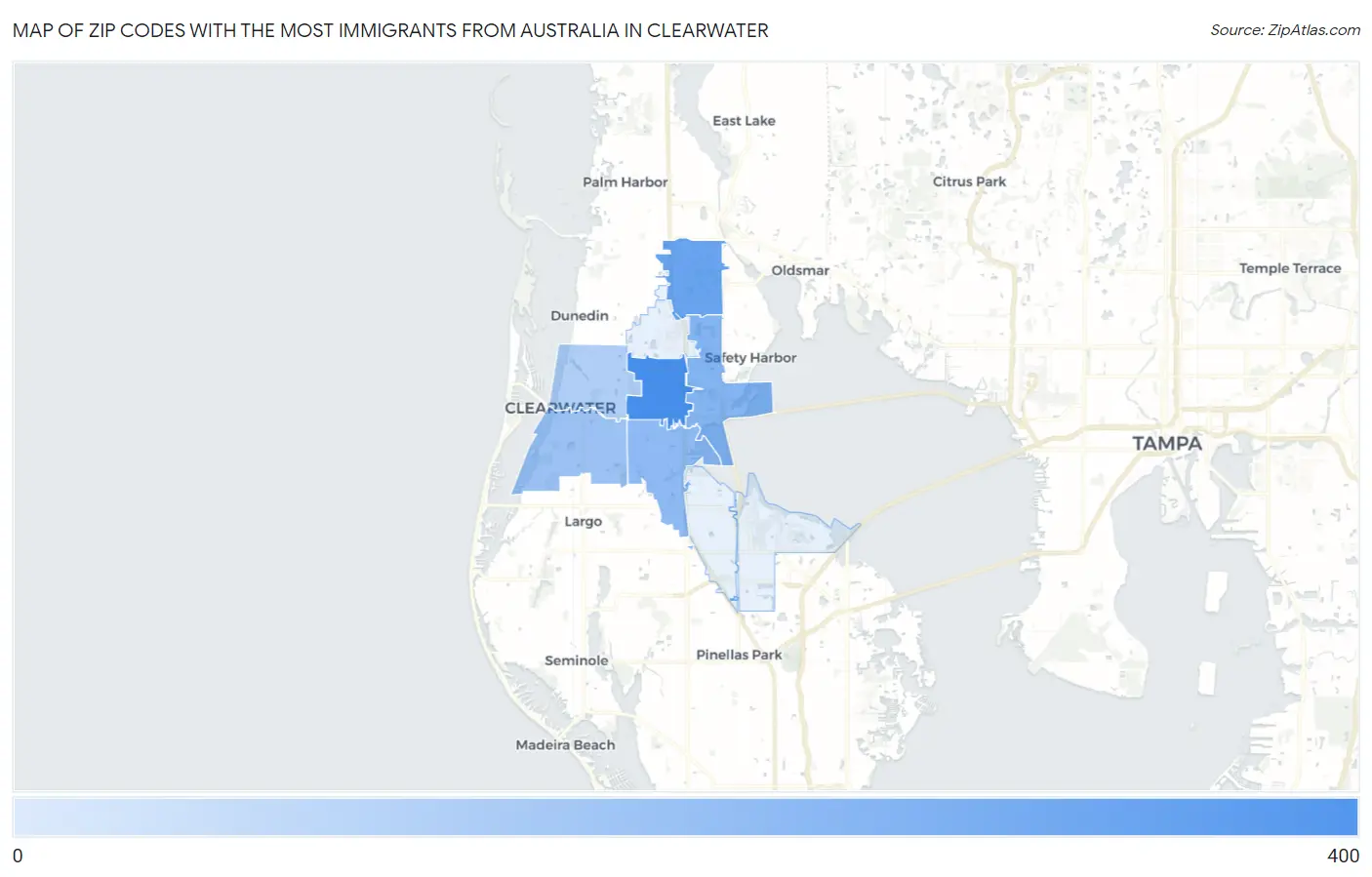 Zip Codes with the Most Immigrants from Australia in Clearwater Map