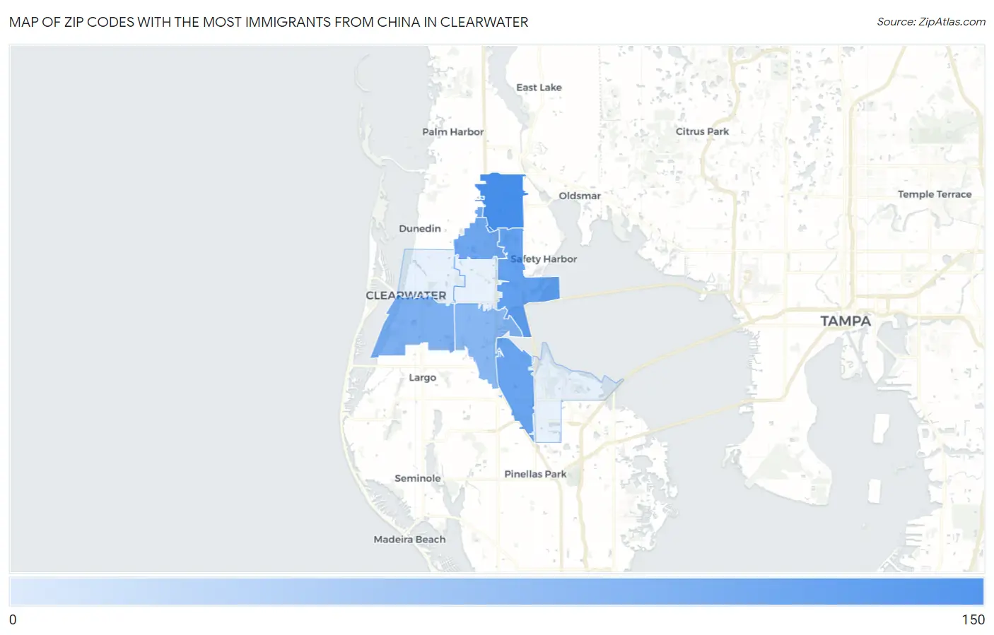Zip Codes with the Most Immigrants from China in Clearwater Map