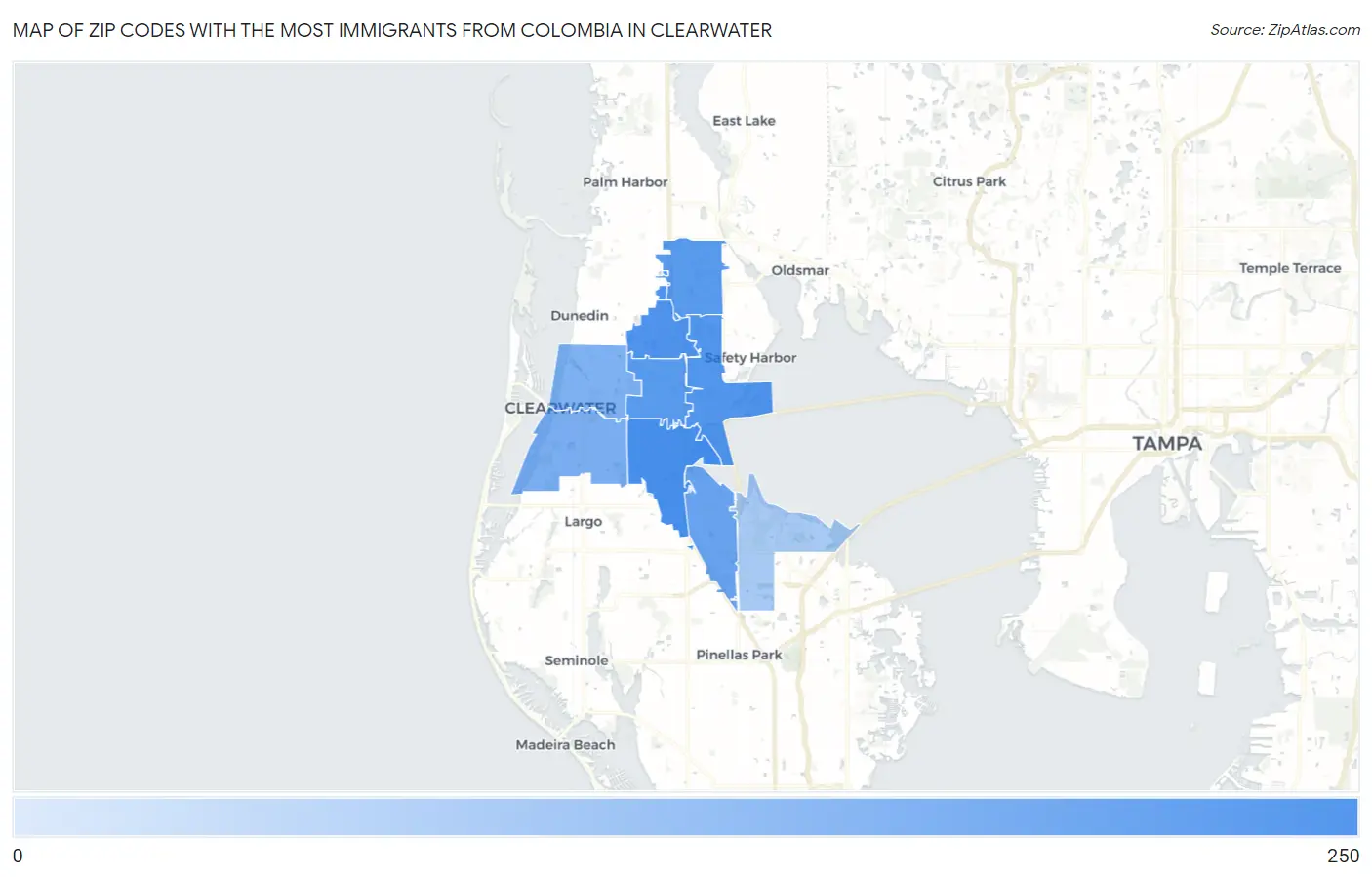 Zip Codes with the Most Immigrants from Colombia in Clearwater Map