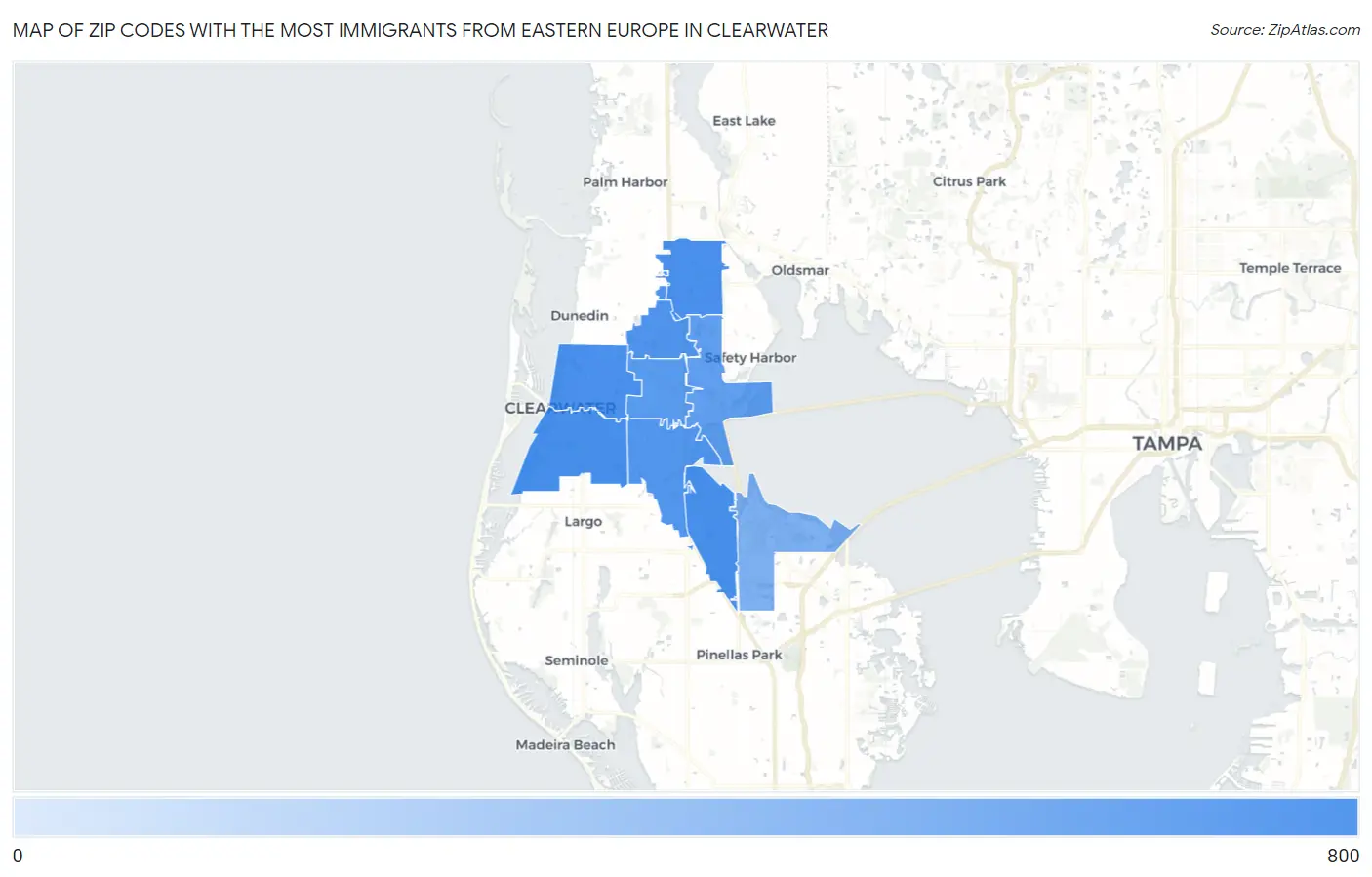 Zip Codes with the Most Immigrants from Eastern Europe in Clearwater Map