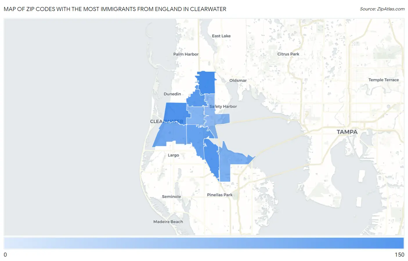 Zip Codes with the Most Immigrants from England in Clearwater Map