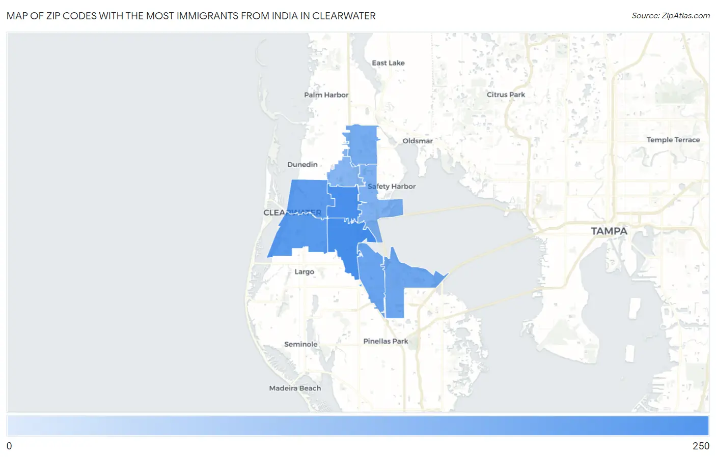Zip Codes with the Most Immigrants from India in Clearwater Map