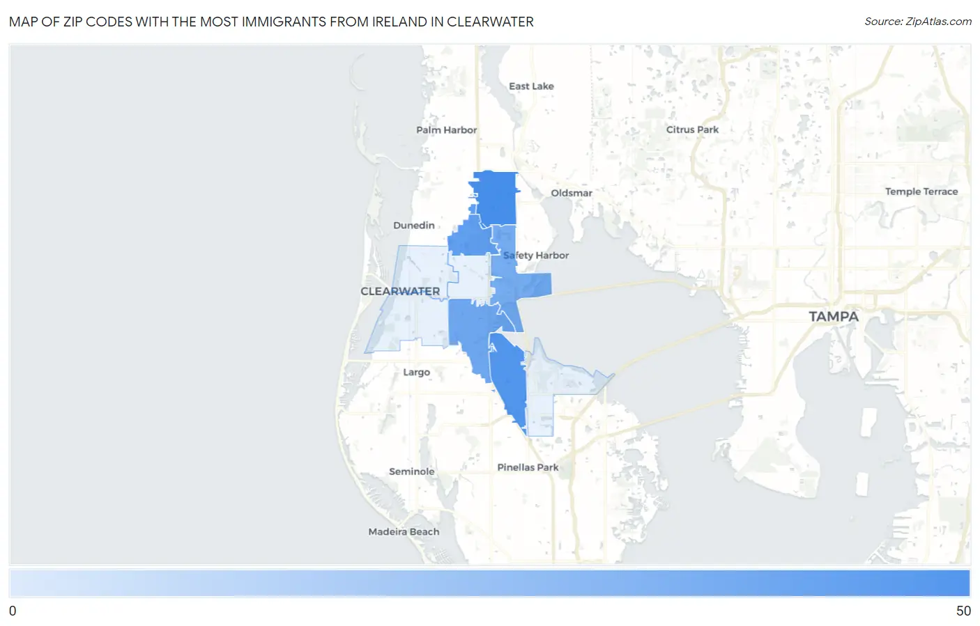 Zip Codes with the Most Immigrants from Ireland in Clearwater Map
