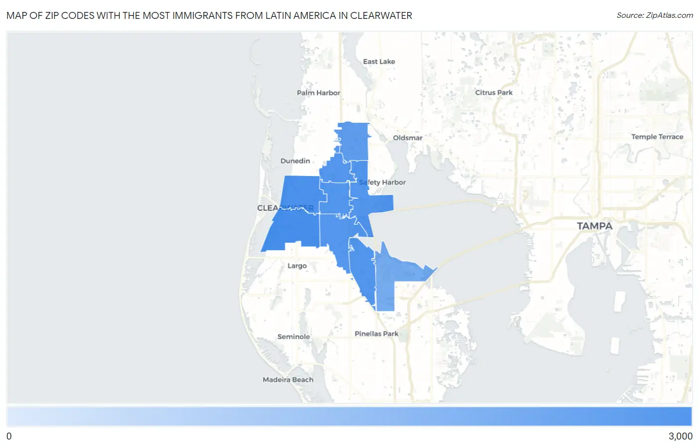 Zip Codes with the Most Immigrants from Latin America in Clearwater Map