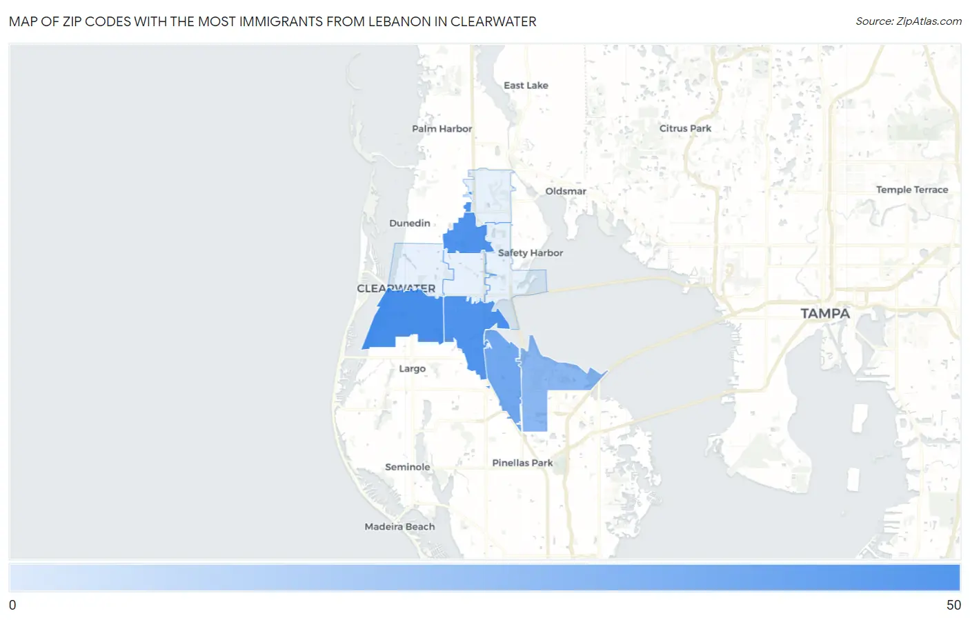 Zip Codes with the Most Immigrants from Lebanon in Clearwater Map
