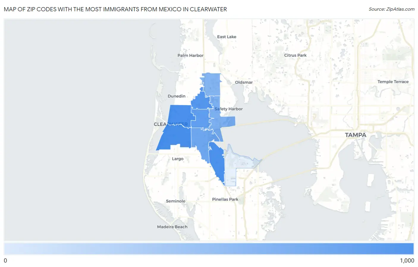 Zip Codes with the Most Immigrants from Mexico in Clearwater Map