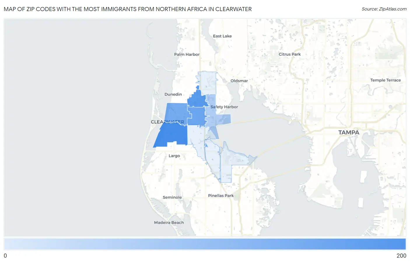 Zip Codes with the Most Immigrants from Northern Africa in Clearwater Map