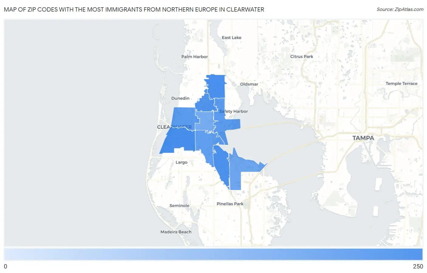 Zip Codes with the Most Immigrants from Northern Europe in Clearwater Map