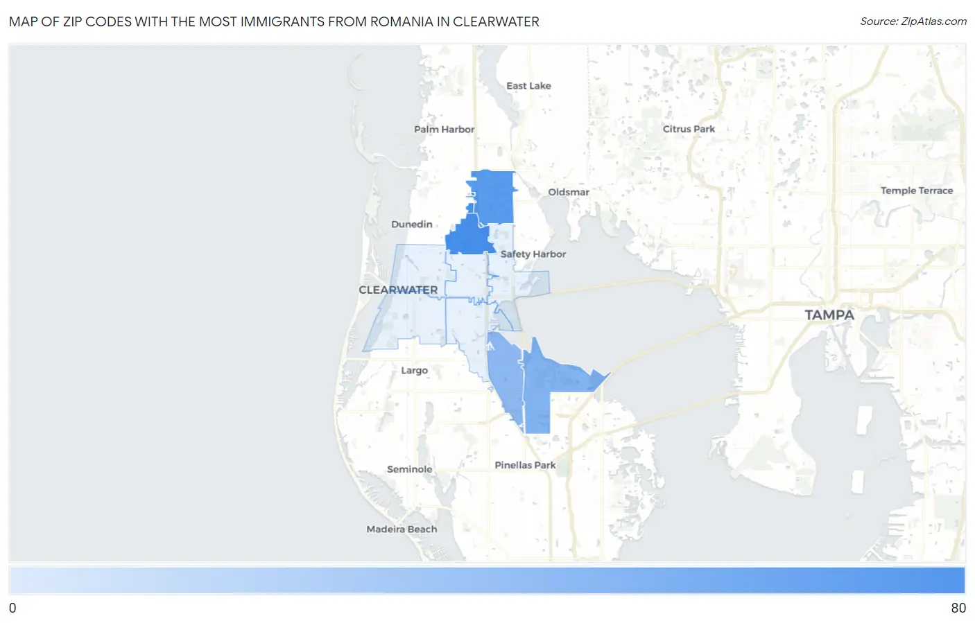 Zip Codes with the Most Immigrants from Romania in Clearwater Map