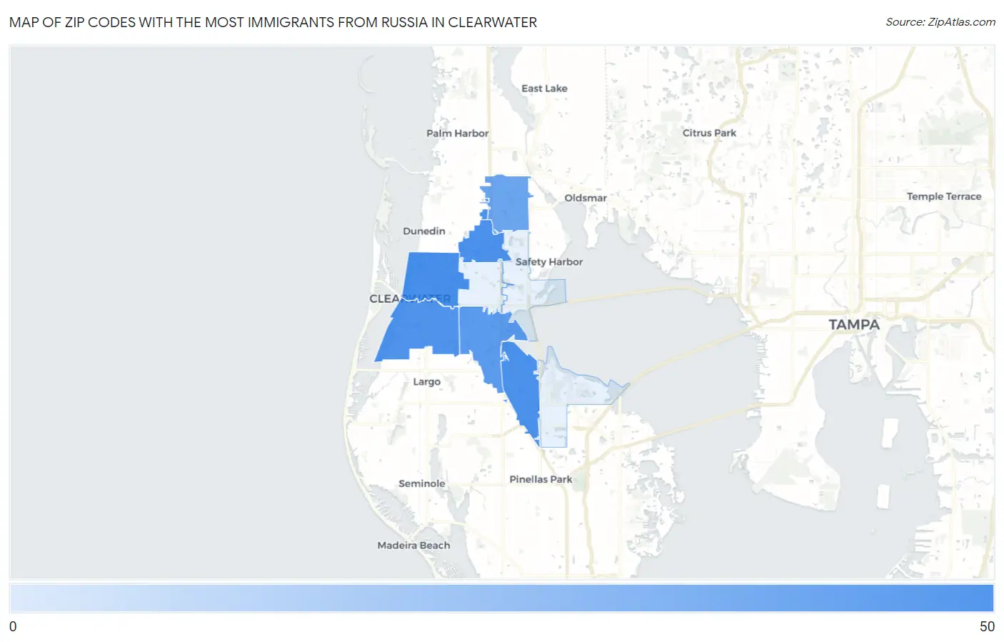 Zip Codes with the Most Immigrants from Russia in Clearwater Map