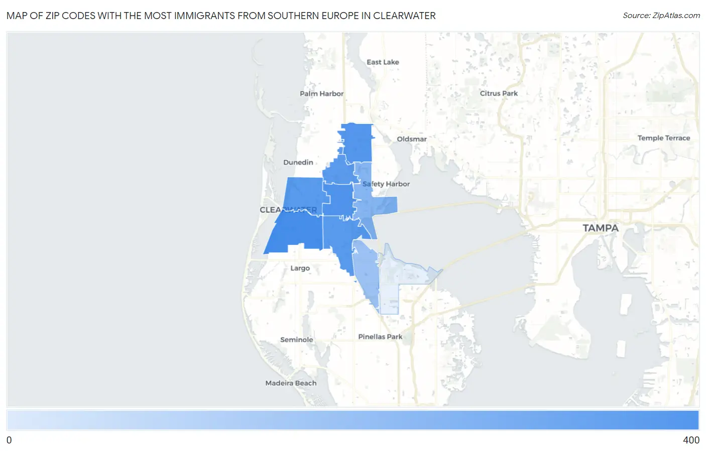 Zip Codes with the Most Immigrants from Southern Europe in Clearwater Map