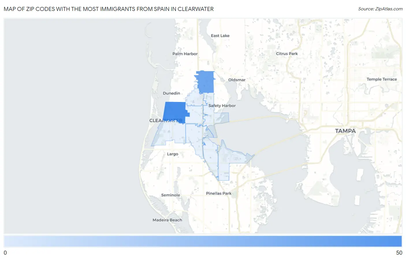 Zip Codes with the Most Immigrants from Spain in Clearwater Map