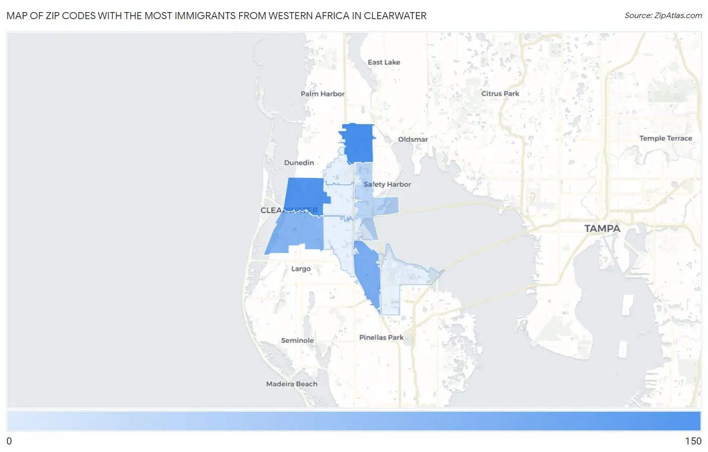 Zip Codes with the Most Immigrants from Western Africa in Clearwater Map