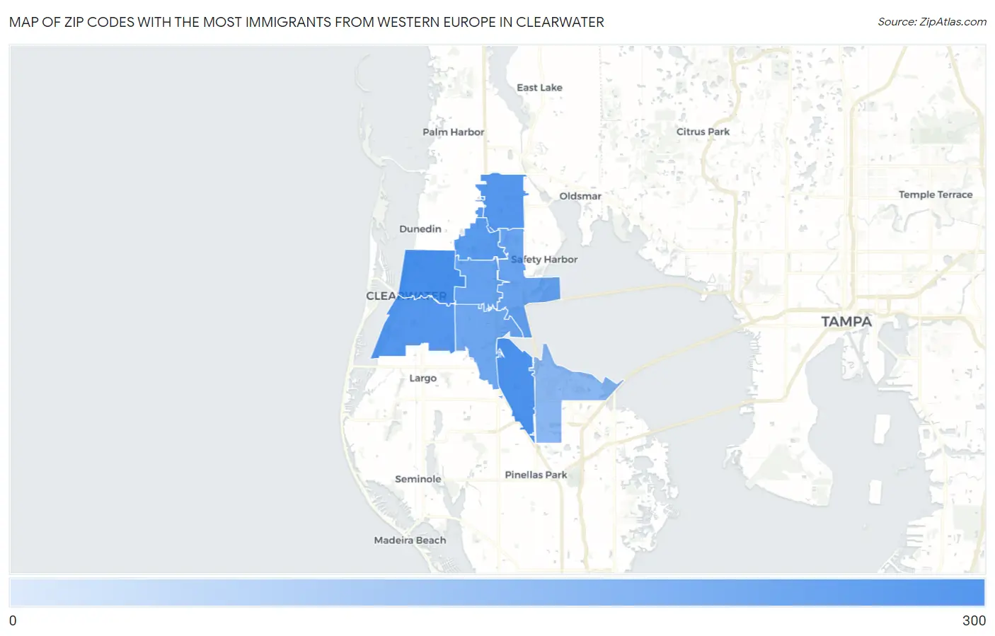 Zip Codes with the Most Immigrants from Western Europe in Clearwater Map