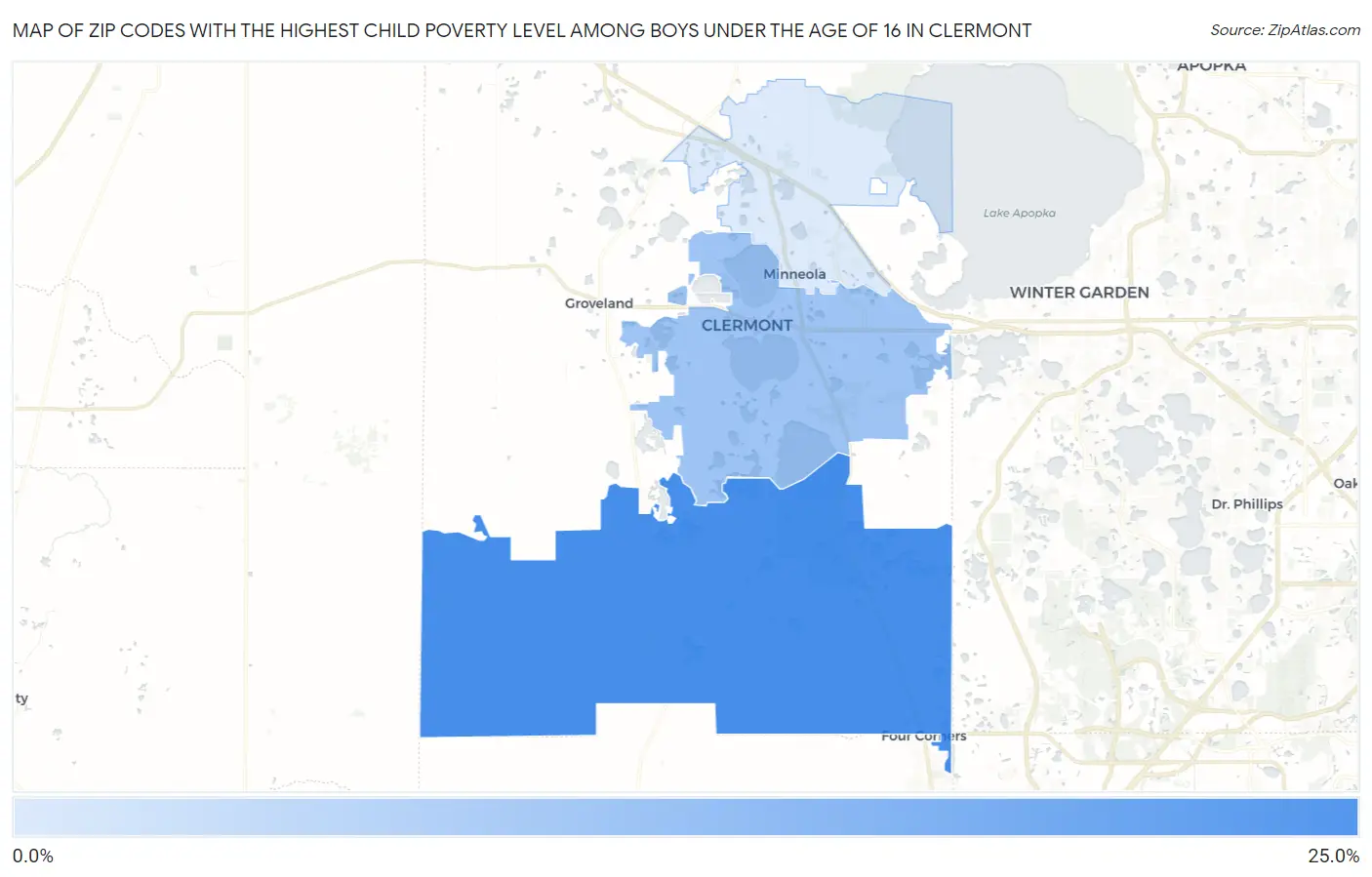 Zip Codes with the Highest Child Poverty Level Among Boys Under the Age of 16 in Clermont Map