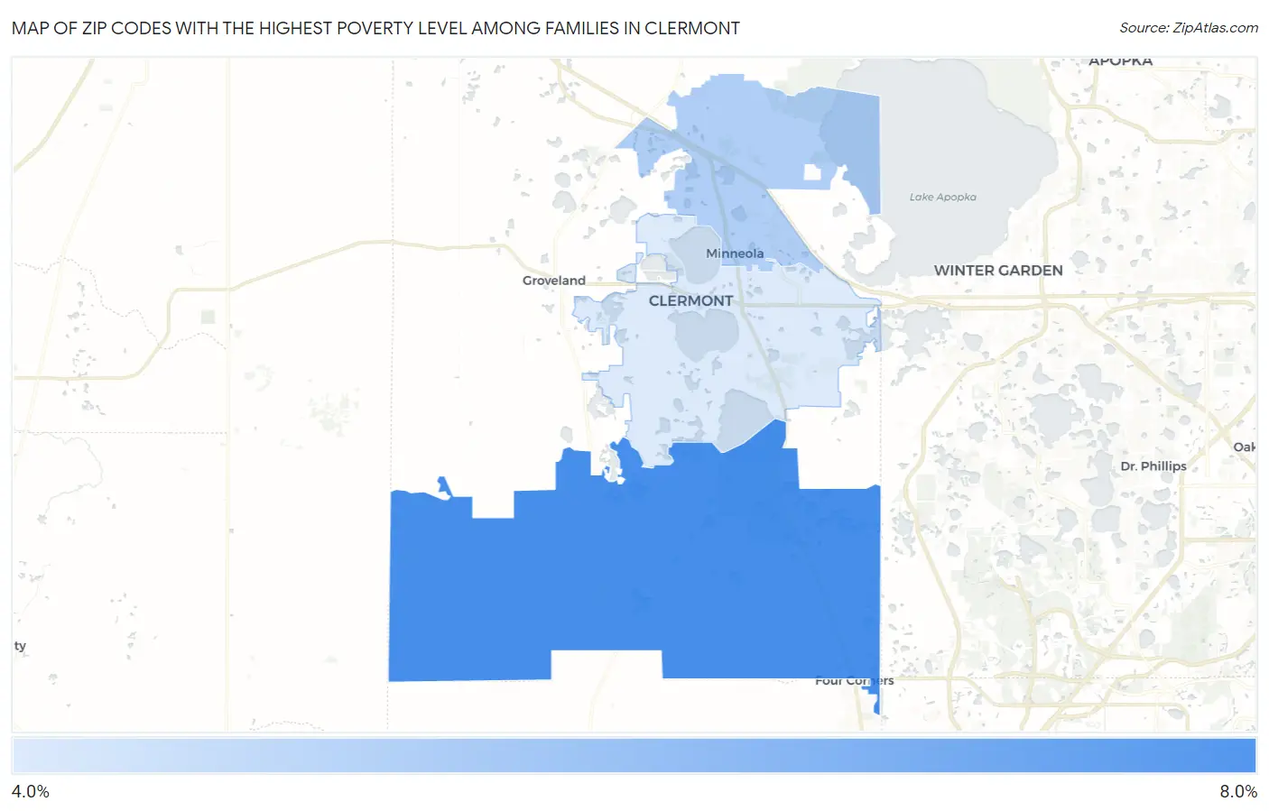 Zip Codes with the Highest Poverty Level Among Families in Clermont Map