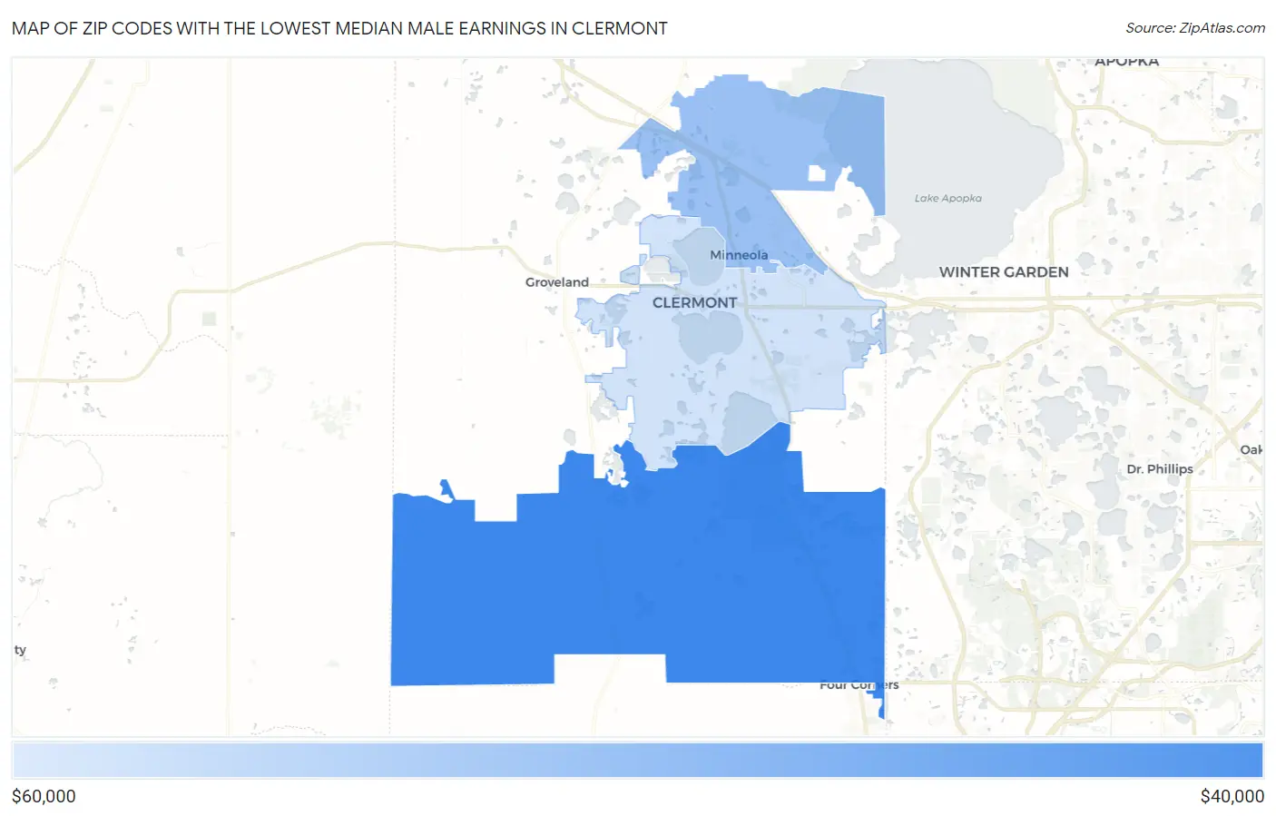 Zip Codes with the Lowest Median Male Earnings in Clermont Map