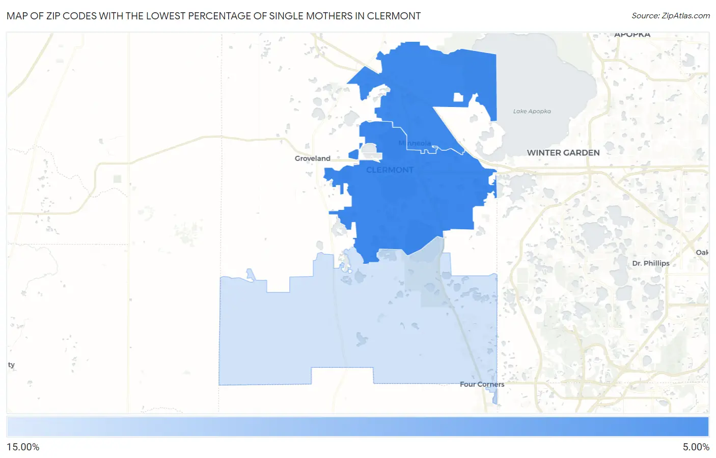 Zip Codes with the Lowest Percentage of Single Mothers in Clermont Map