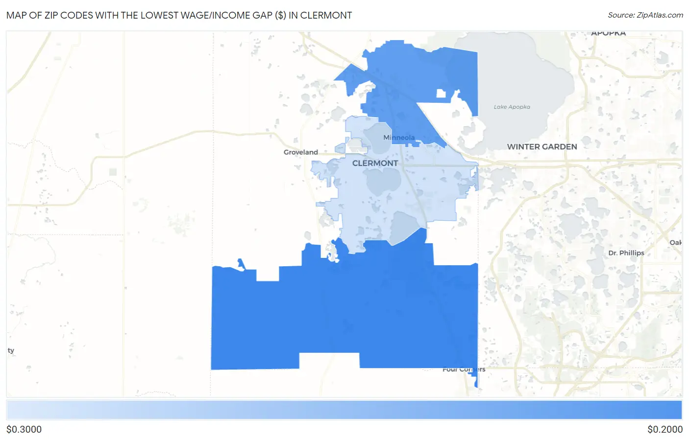 Zip Codes with the Lowest Wage/Income Gap ($) in Clermont Map