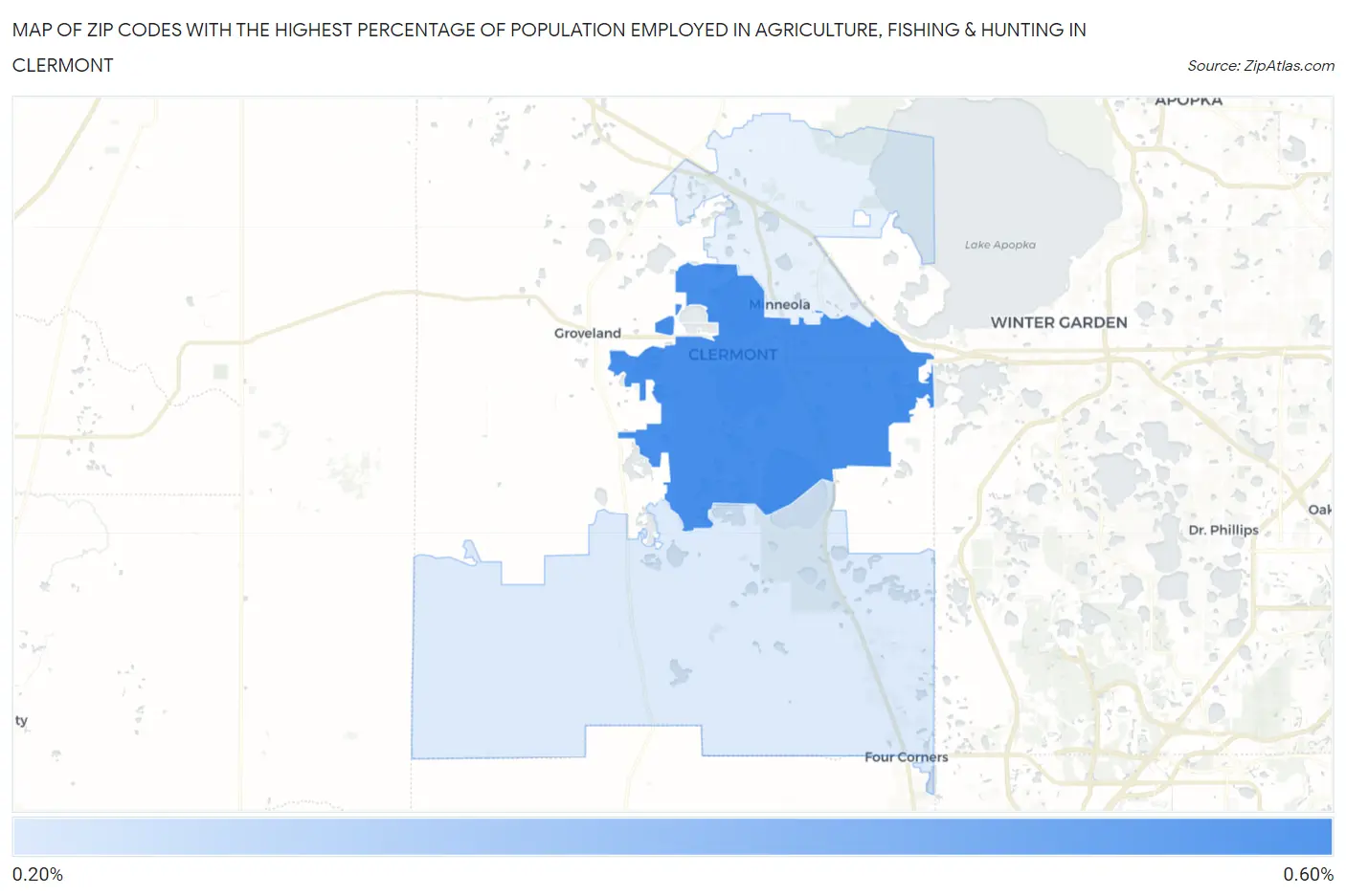 Zip Codes with the Highest Percentage of Population Employed in Agriculture, Fishing & Hunting in Clermont Map