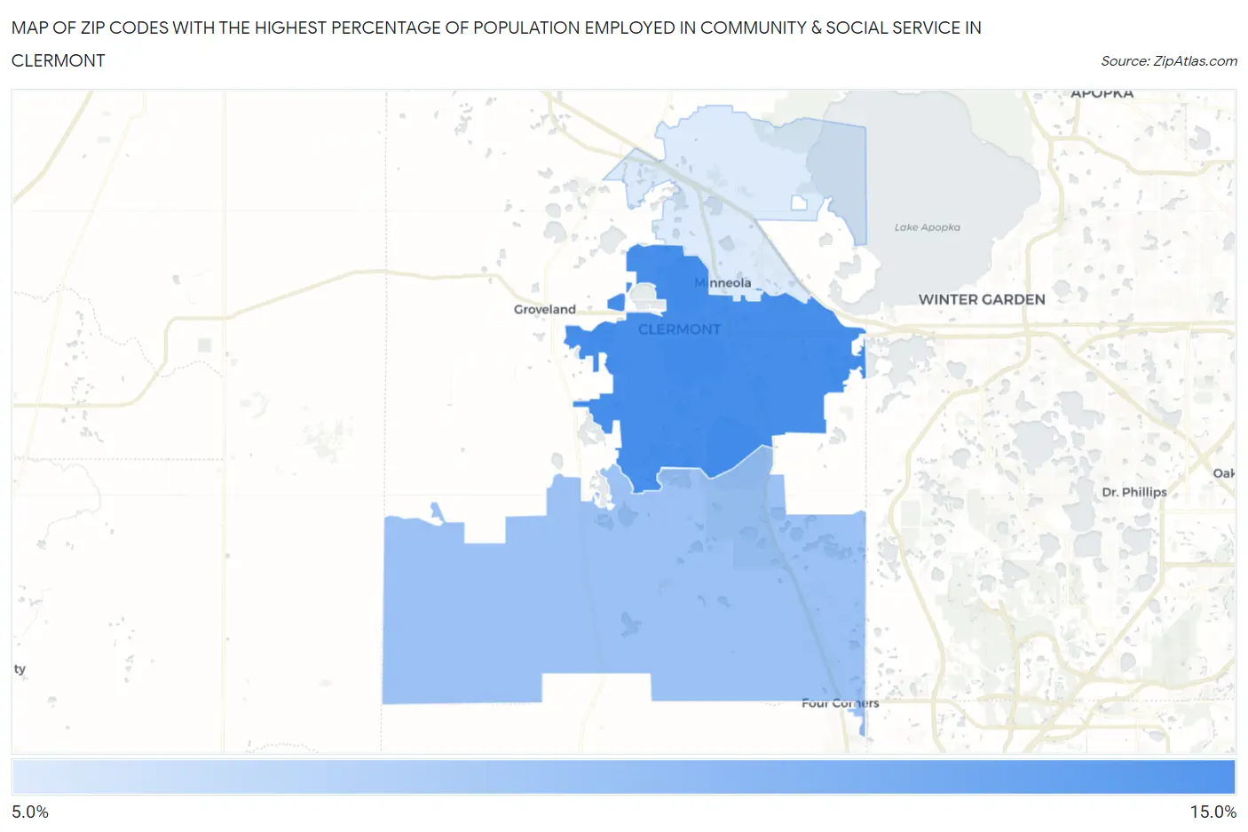 Zip Codes with the Highest Percentage of Population Employed in Community & Social Service  in Clermont Map