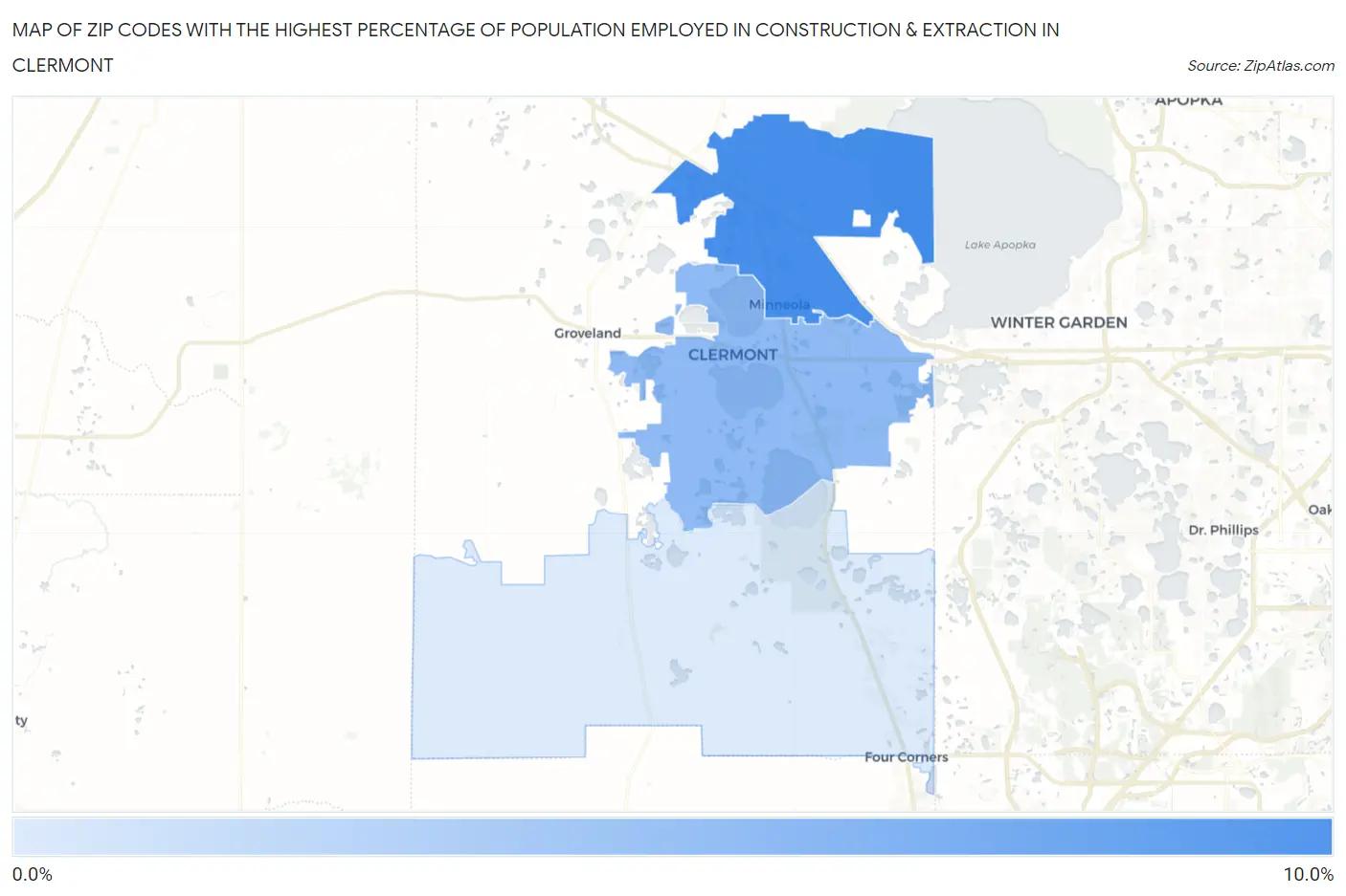 Zip Codes with the Highest Percentage of Population Employed in Construction & Extraction in Clermont Map