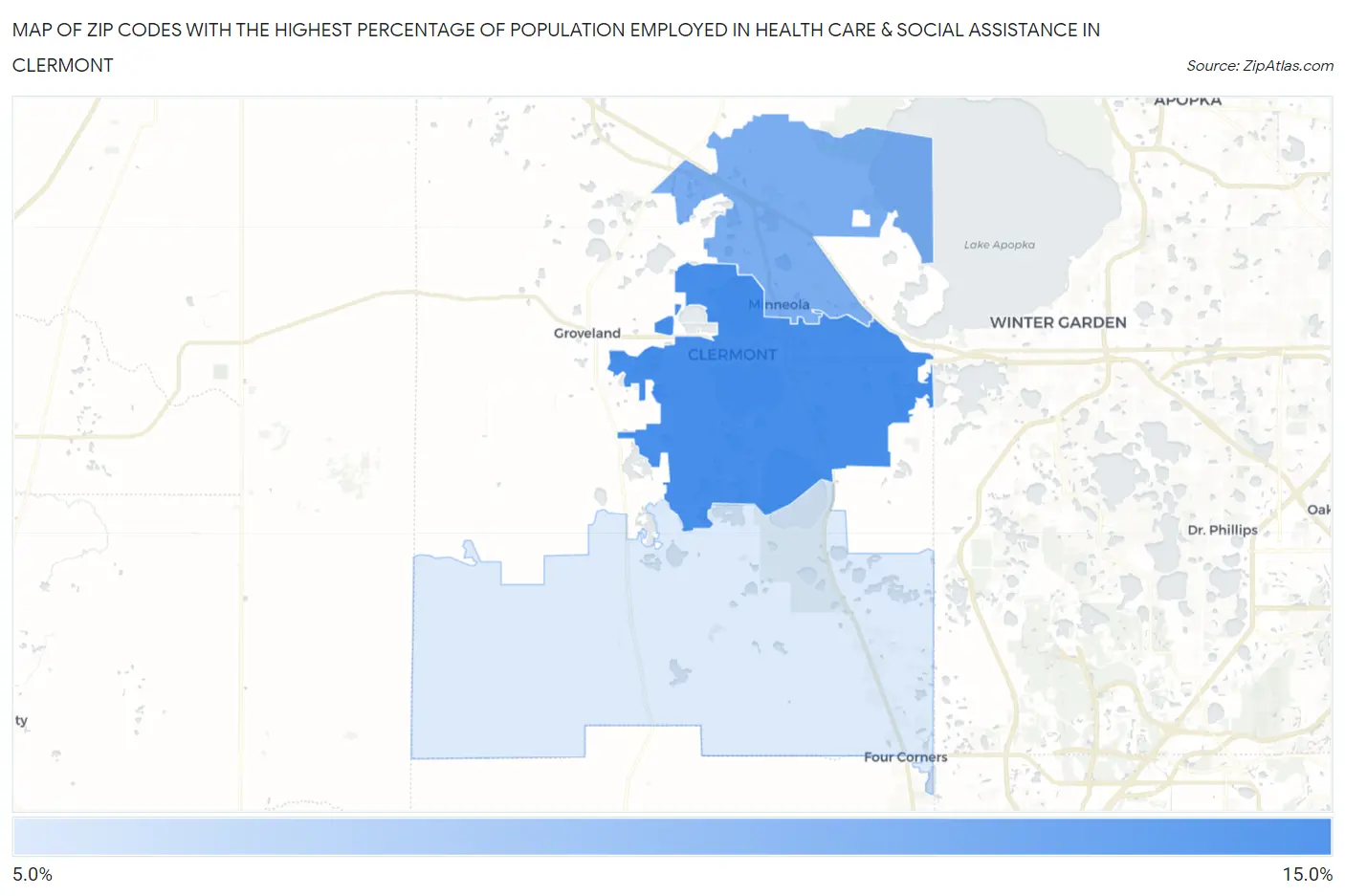 Zip Codes with the Highest Percentage of Population Employed in Health Care & Social Assistance in Clermont Map
