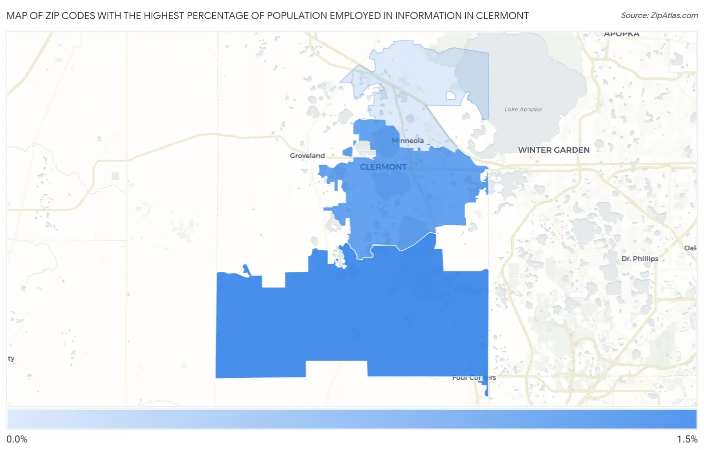 Zip Codes with the Highest Percentage of Population Employed in Information in Clermont Map