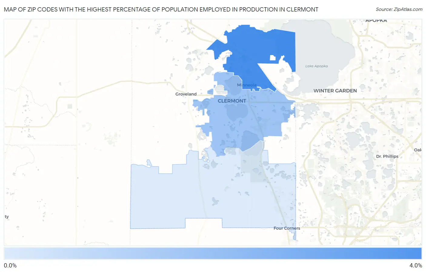 Zip Codes with the Highest Percentage of Population Employed in Production in Clermont Map