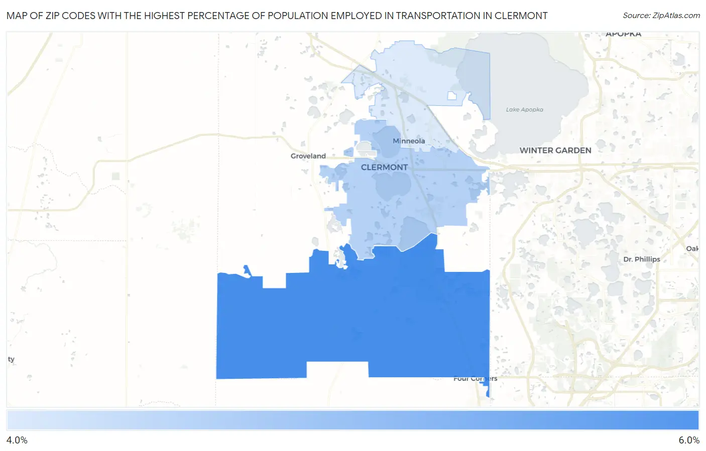 Zip Codes with the Highest Percentage of Population Employed in Transportation in Clermont Map