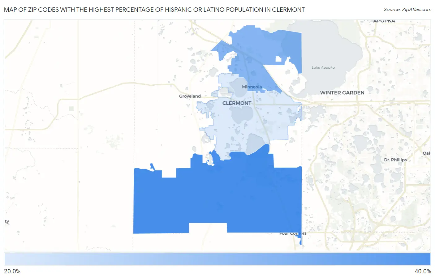 Zip Codes with the Highest Percentage of Hispanic or Latino Population in Clermont Map