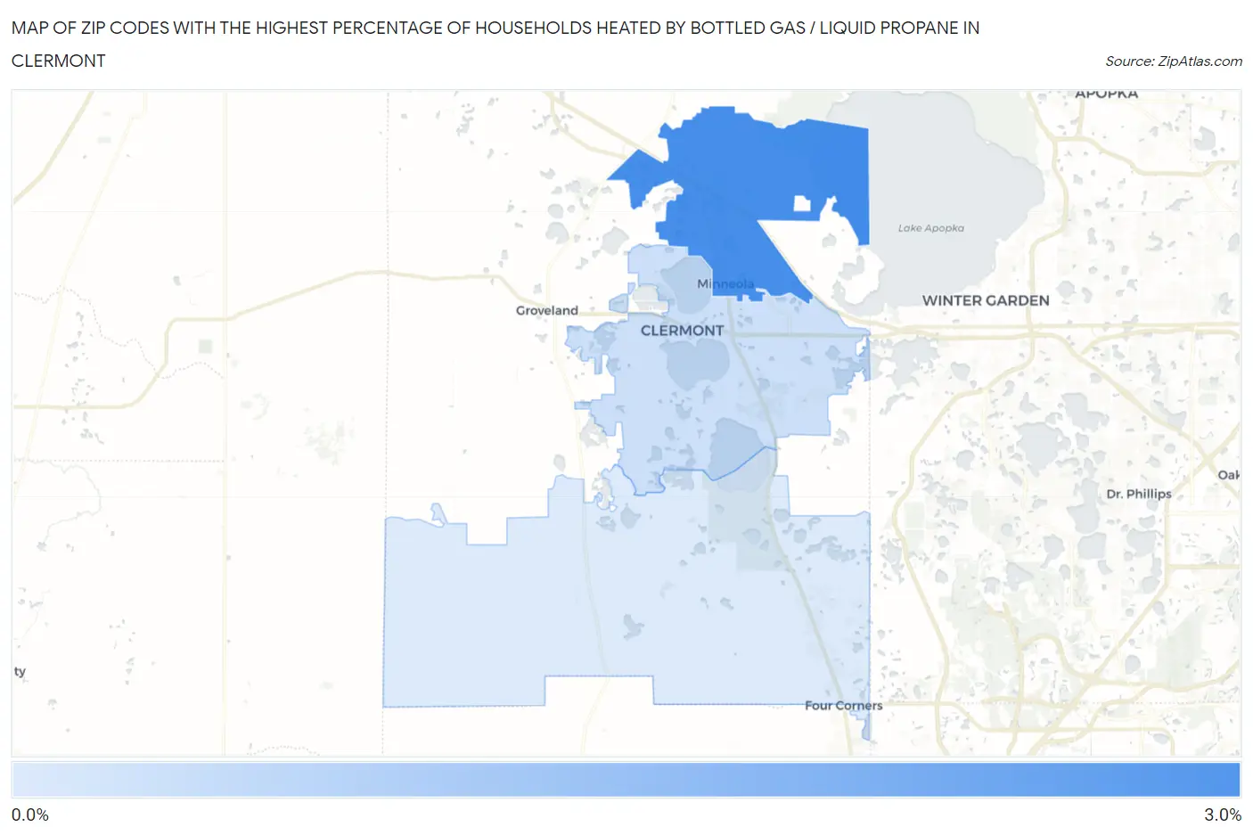 Zip Codes with the Highest Percentage of Households Heated by Bottled Gas / Liquid Propane in Clermont Map