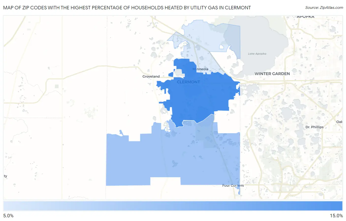 Zip Codes with the Highest Percentage of Households Heated by Utility Gas in Clermont Map