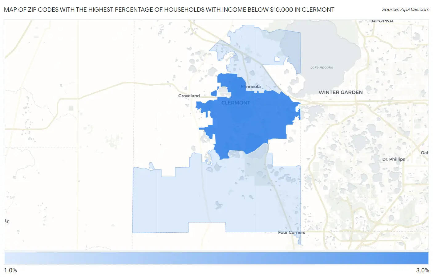 Zip Codes with the Highest Percentage of Households with Income Below $10,000 in Clermont Map