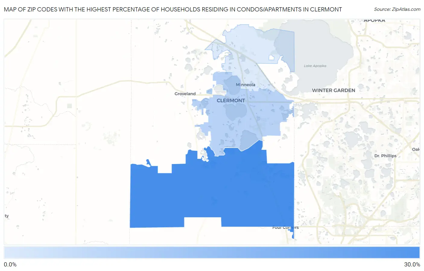 Zip Codes with the Highest Percentage of Households Residing in Condos/Apartments in Clermont Map
