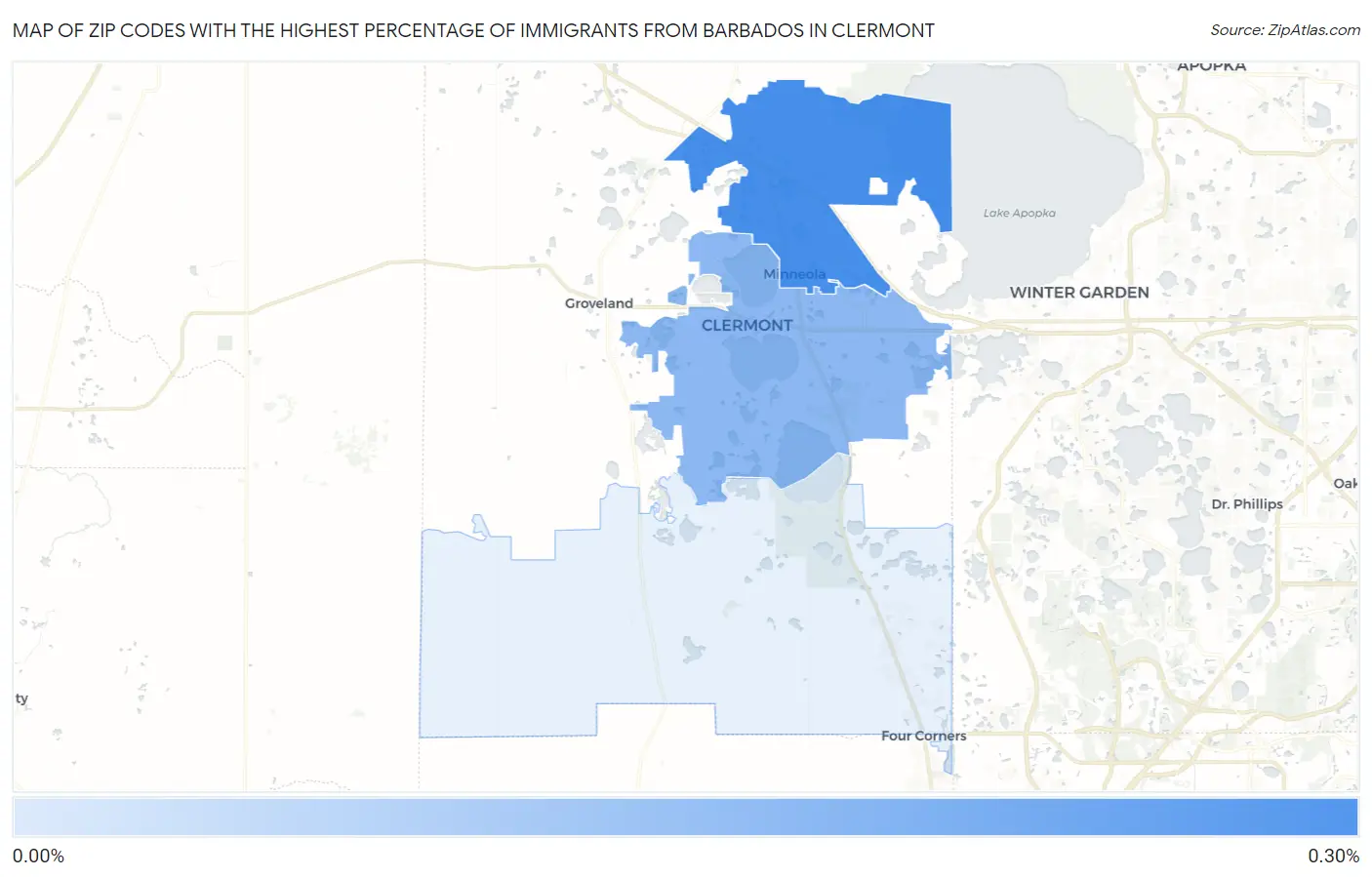 Zip Codes with the Highest Percentage of Immigrants from Barbados in Clermont Map