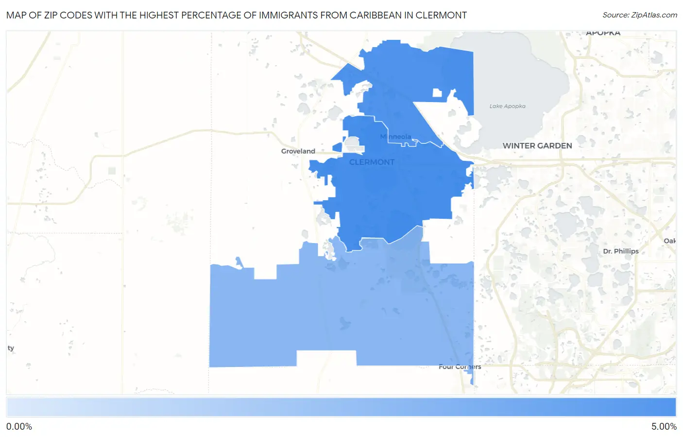 Zip Codes with the Highest Percentage of Immigrants from Caribbean in Clermont Map