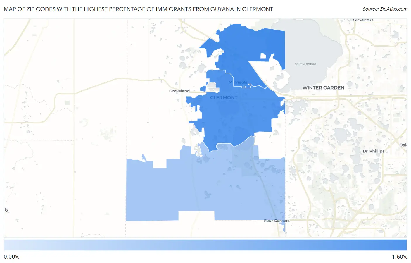 Zip Codes with the Highest Percentage of Immigrants from Guyana in Clermont Map