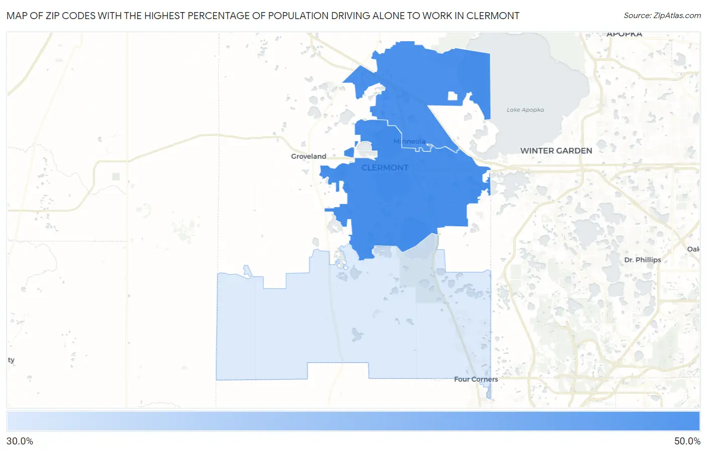 Zip Codes with the Highest Percentage of Population Driving Alone to Work in Clermont Map