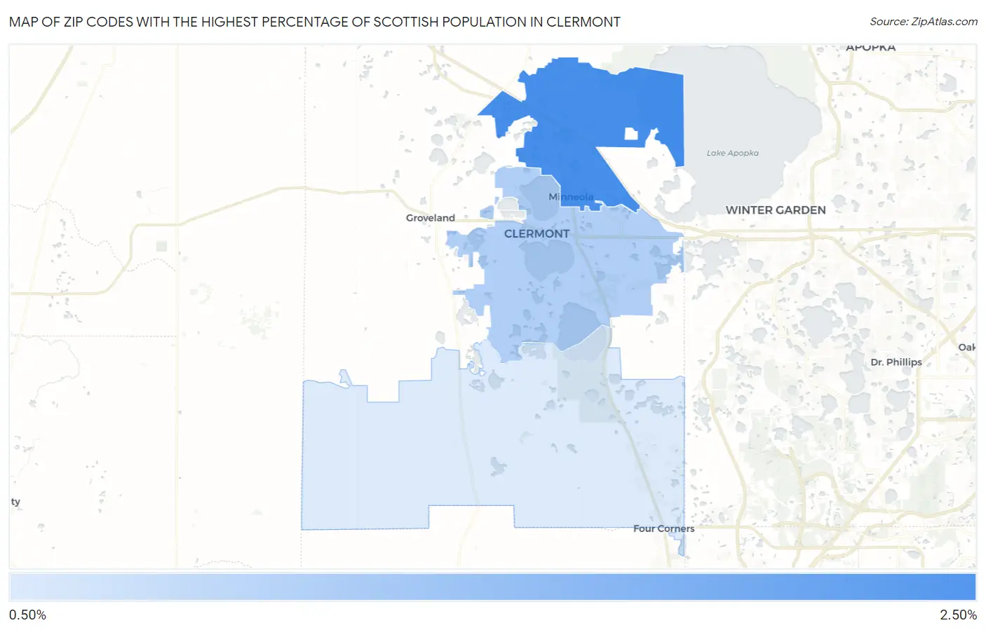 Zip Codes with the Highest Percentage of Scottish Population in Clermont Map