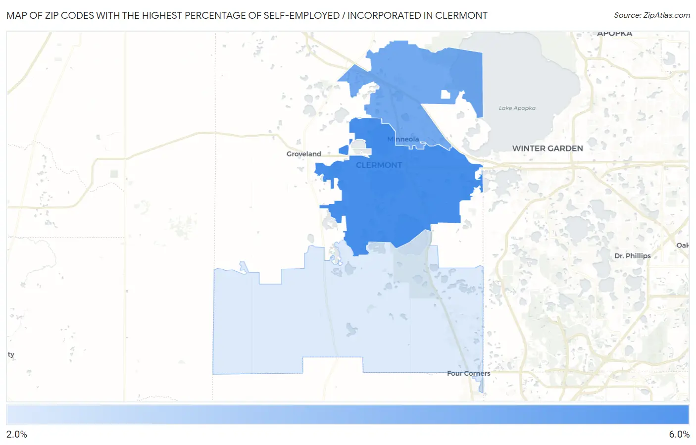 Zip Codes with the Highest Percentage of Self-Employed / Incorporated in Clermont Map