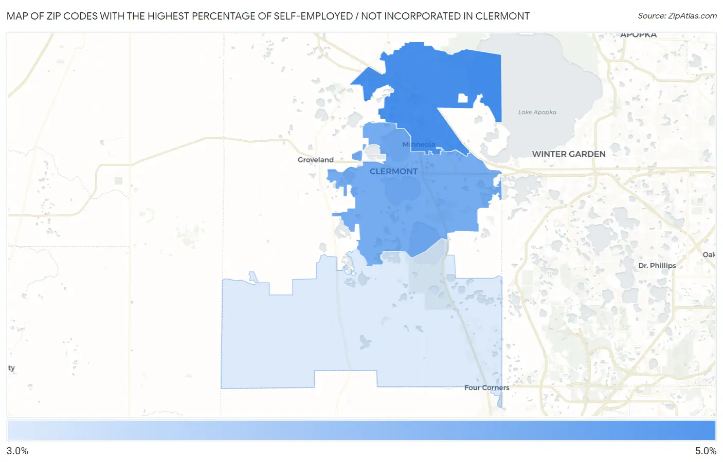 Zip Codes with the Highest Percentage of Self-Employed / Not Incorporated in Clermont Map