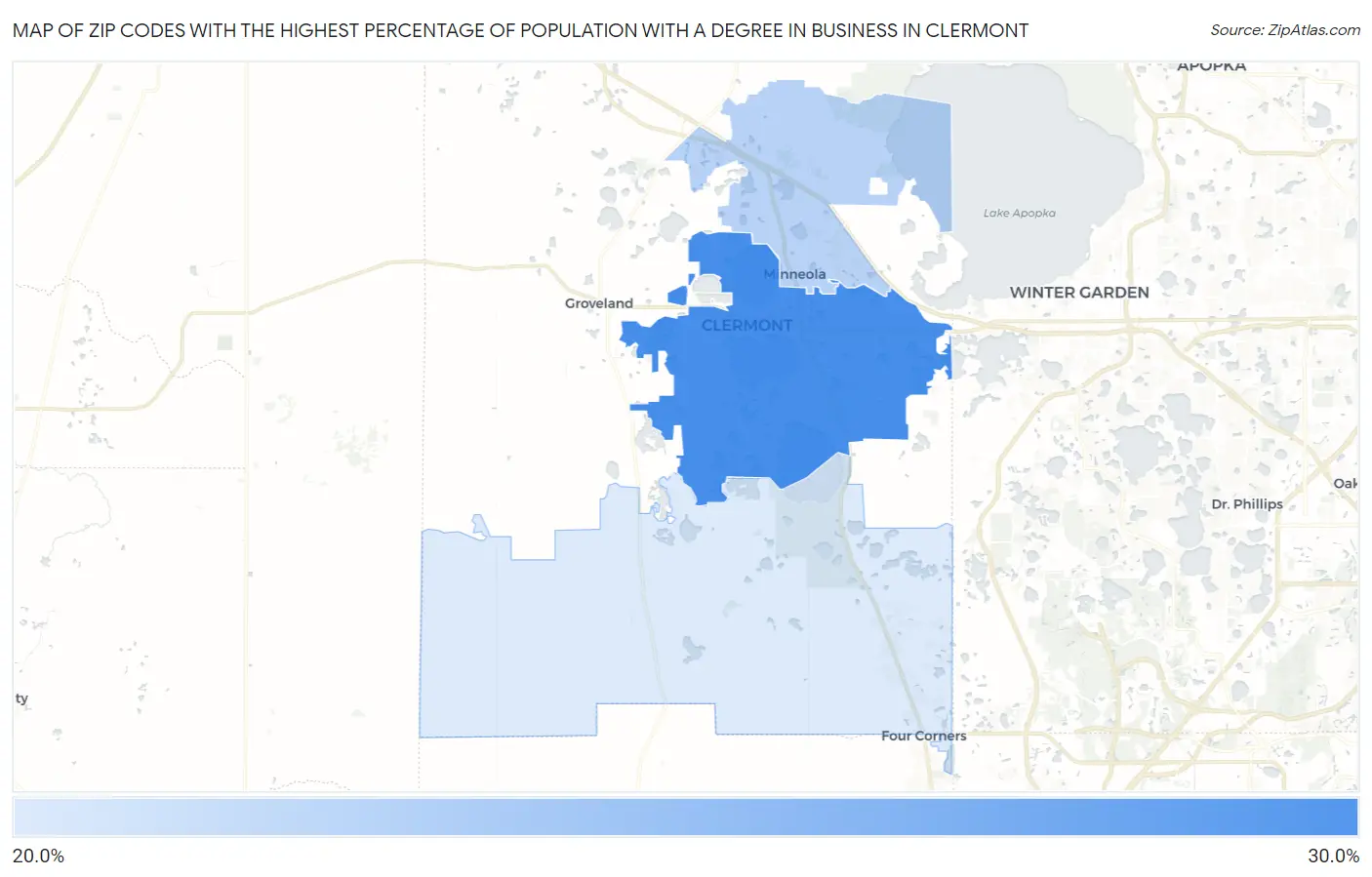 Zip Codes with the Highest Percentage of Population with a Degree in Business in Clermont Map