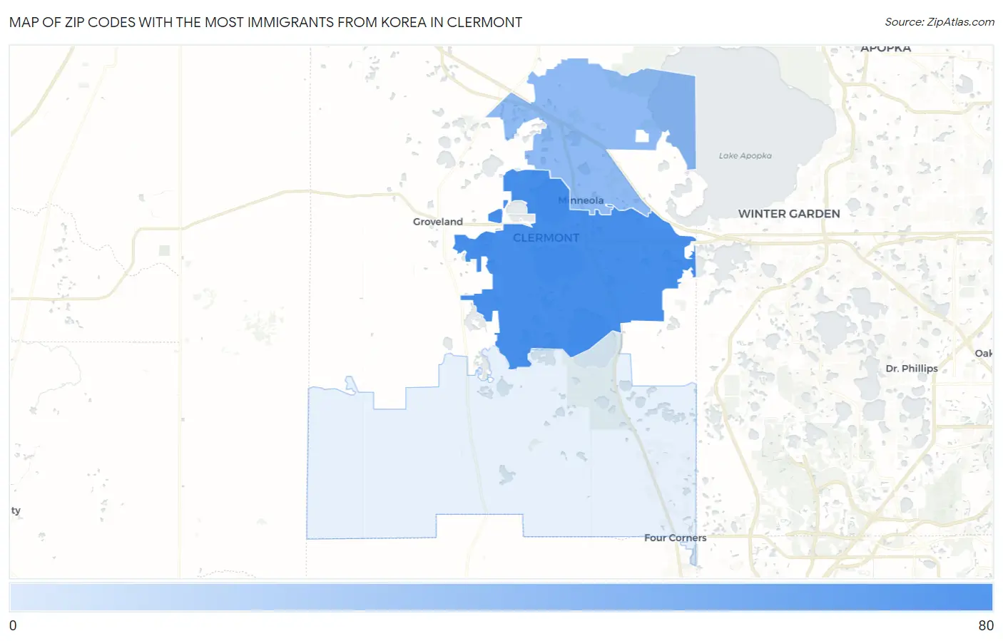 Zip Codes with the Most Immigrants from Korea in Clermont Map