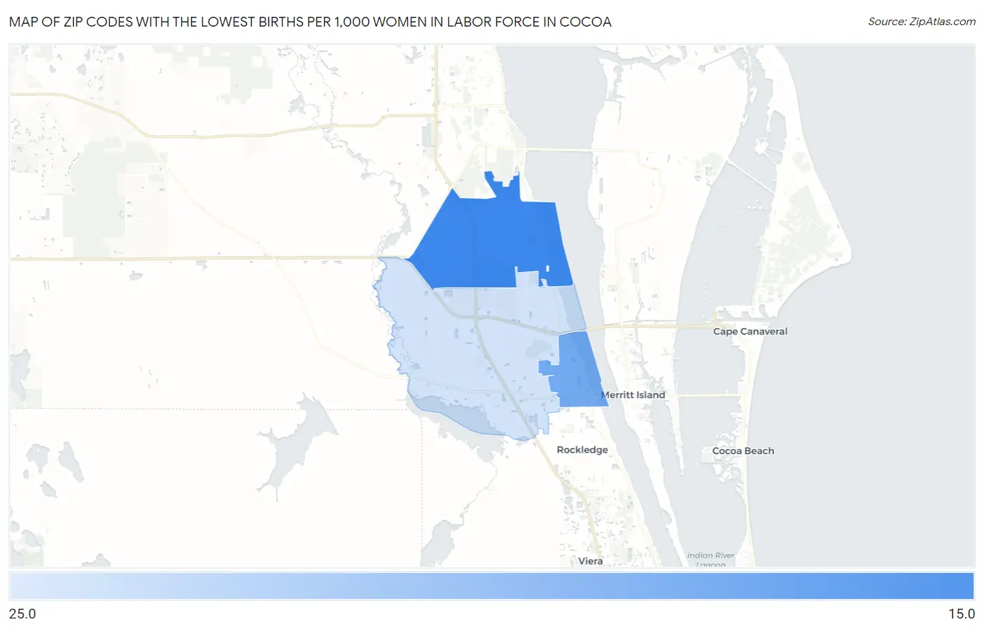 Zip Codes with the Lowest Births per 1,000 Women in Labor Force in Cocoa Map