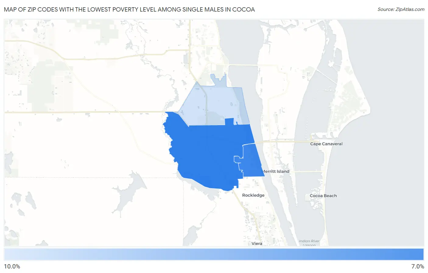 Zip Codes with the Lowest Poverty Level Among Single Males in Cocoa Map